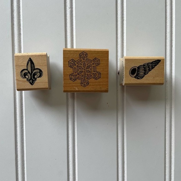 Vintage Wood Block Rubber Stamp Hamilton Arts Set Snow flake Fleur De Lis Shell - Picture 2 of 8